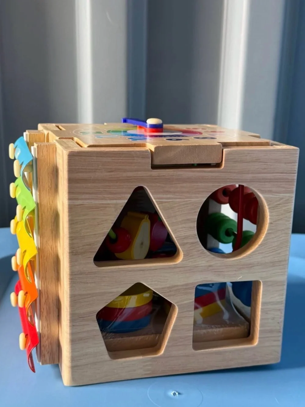 Wooden Activity Cube with Yellow, Blue, and Pink Gears - Kids Toys